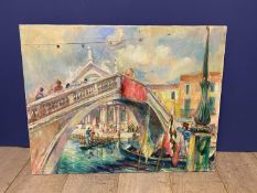 BASIL NUBEL (1923-1981) Oil on canvas unframed Venetian Scene of Rialto bridge , painting on reverse
