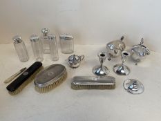 2 H.M. silver sauce boats (10 ozt), pr small H.M. silver candlesticks, filled & rubbed , H.M. silver