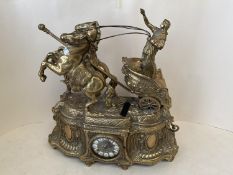 French Classical style brass chariot mantel clock 51cm L 51cm H with key