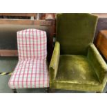 C19th traditional armchair on tapered legs and small upholstered nursing chair & oblong stool