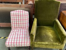 C19th traditional armchair on tapered legs and small upholstered nursing chair & oblong stool