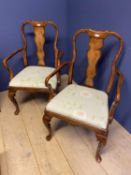 Pair of Queen Anne style open armchairs with light green dropin seats