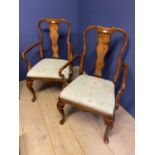 Pair of Queen Anne style open armchairs with light green dropin seats