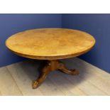 C19th burr waltnut tilt top breakfast table mounted on a carved pedestal base with ballard claw feet