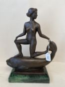 FREMIET Bronze figure of a nude mounted on a fish. Signature to base on green marble base. 36 H