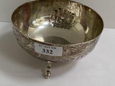 White metal circular 3 legged bowl with 3 impressed panels including a double headed eagle and a map