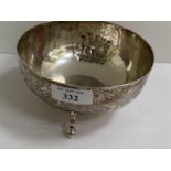 White metal circular 3 legged bowl with 3 impressed panels including a double headed eagle and a map