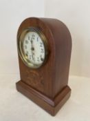 Edwardian inlaid mahogany mantle clock, American, with twin fusee 8 day movement, Seth Thomas,