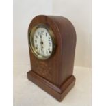 Edwardian inlaid mahogany mantle clock, American, with twin fusee 8 day movement, Seth Thomas,