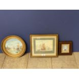Qty of pictures to include miniature oil painting of 2 decker naval ship, a circular oil on panel of