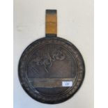 Chinese Bronze circular fan decorated with caligraphy and stalks with bamboo covered handle 24cm dia
