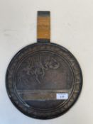 Chinese Bronze circular fan decorated with caligraphy and stalks with bamboo covered handle 24cm dia
