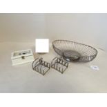 Pair small H.M. silver toast racks, & oval basket & a boxed set of 6 stones