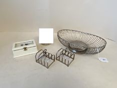 Pair small H.M. silver toast racks, & oval basket & a boxed set of 6 stones