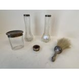 Glass dressing table accessories with silver collars