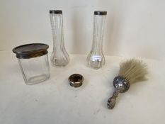 Glass dressing table accessories with silver collars