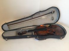 Interesting violin, C18th of Fussen school? Old restorations, 2 piece back 356cm. Finely rippled