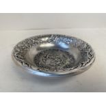 Heavy silver coloured embossed circular Chinese bowl with seal to base 14cm Diam