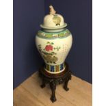 Large Chinese vase decorated with calligraphy & flowers, with cover and dog of faux finial 80cm H
