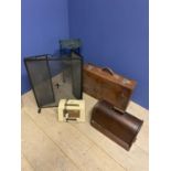 Leather suitcase, fire guard, vintage sewing machine, vintage radio Ekco, and three tier plant stand