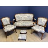 French style serpentine settee with pair of open armchairs and 2 footstools all upholstered in