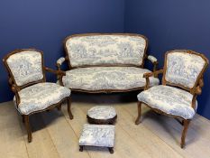 French style serpentine settee with pair of open armchairs and 2 footstools all upholstered in