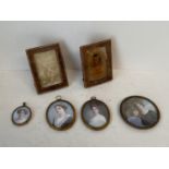 4 circular/oval miniatures of Edwardian ladies in brass frames & 2 square leather frames. Early