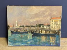 JEAN MICAS ( 1906-?) Oil on canvas "The Harbour, Ciboure" (SW France) 51.5 x 65.5. Unframed