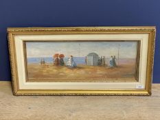 Gilt framed oil painting of a Victorian beach scene with figures and beach hut 18x47.5cm