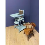 Child's metamorphic blue painted high chair and a child's Windsor tub chair, Victorian