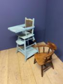 Child's metamorphic blue painted high chair and a child's Windsor tub chair, Victorian