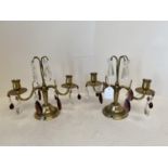 Pair of twin branch brass and glass table lamp lustres 22cmH