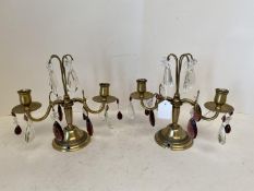 Pair of twin branch brass and glass table lamp lustres 22cmH