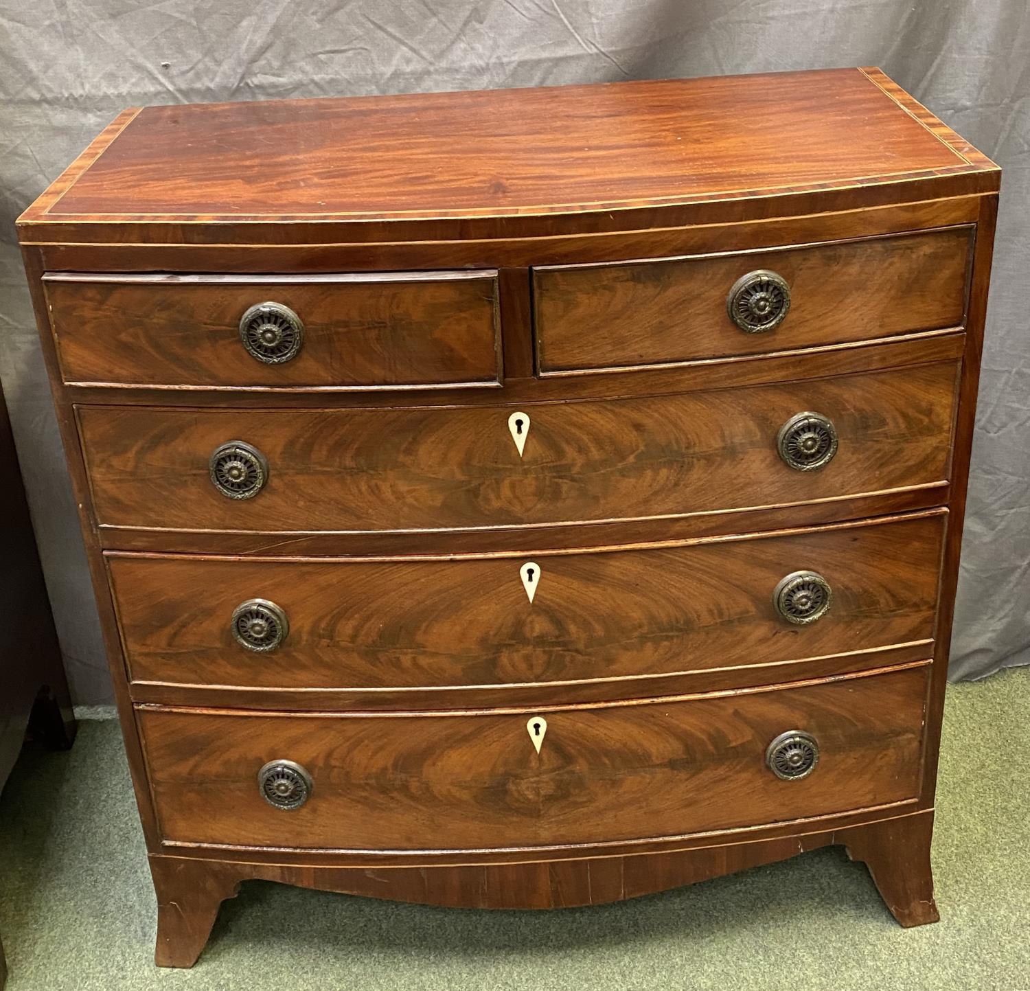 Small Regency mahogany bow front chest of 2S and 3L graduated drawers 80W x 80H