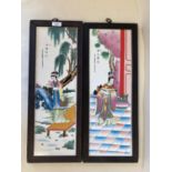 Pair modern framed Chinese ceramic plaque 54 x 20.5cm