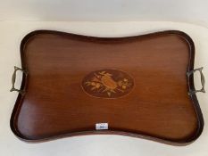 Mahogany inlaid shaped tray with brass handles
