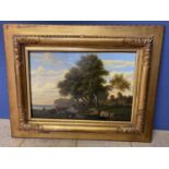 C18th oil on canvs of cattle by the coast, in gilt frame, unsigned 31 x 46cm, CONDITION: Loose in