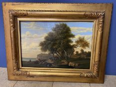 C18th oil on canvs of cattle by the coast, in gilt frame, unsigned 31 x 46cm, CONDITION: Loose in