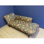 Victorian scroll end Chaise longue on turned legs and china castors, 180cmL, in contemporary blue
