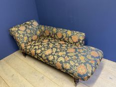 Victorian scroll end Chaise longue on turned legs and china castors, 180cmL, in contemporary blue