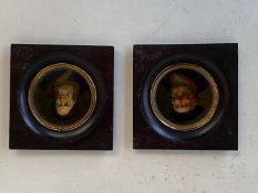 Pair of circular miniatures of continental gentleman in wooden frames