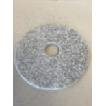 White Jade circular disc with overall geometric and other carving to both surfaces 20cm diam