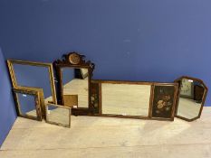 Overmantel mirror flanked by 2 panels of oil still life studies, a mahogany dressing table mirror on