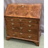 C18th cross and feather banded walnut bureau with fitted interior above 2 S and 3L drawers , 92 W