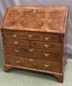 C18th cross and feather banded walnut bureau with fitted interior above 2 S and 3L drawers , 92 W