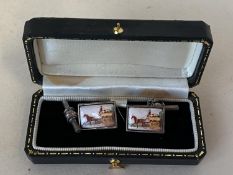 Pair of cufflinks, stamped 925, with horse and carriage design