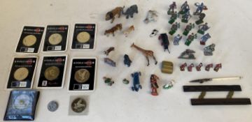 Quantity of small toy animals, soldiers, various Royal Mint, World Savers medal etc and vintage