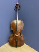 Cello - well made German or English, brown varnish over golden ground, finely grained front,