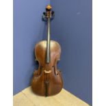 Cello - well made German or English, brown varnish over golden ground, finely grained front,