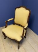 C19th upholstered show frame elbow chair upholstered in yellow fabric